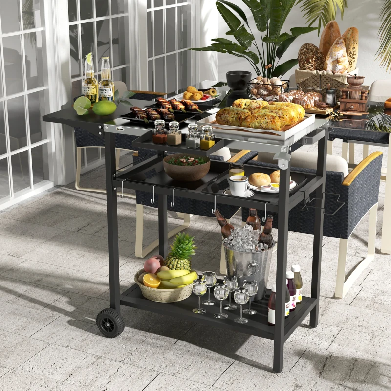Essentials stocked on a bar cart including spirits, mixers, and tools for easy entertaining.