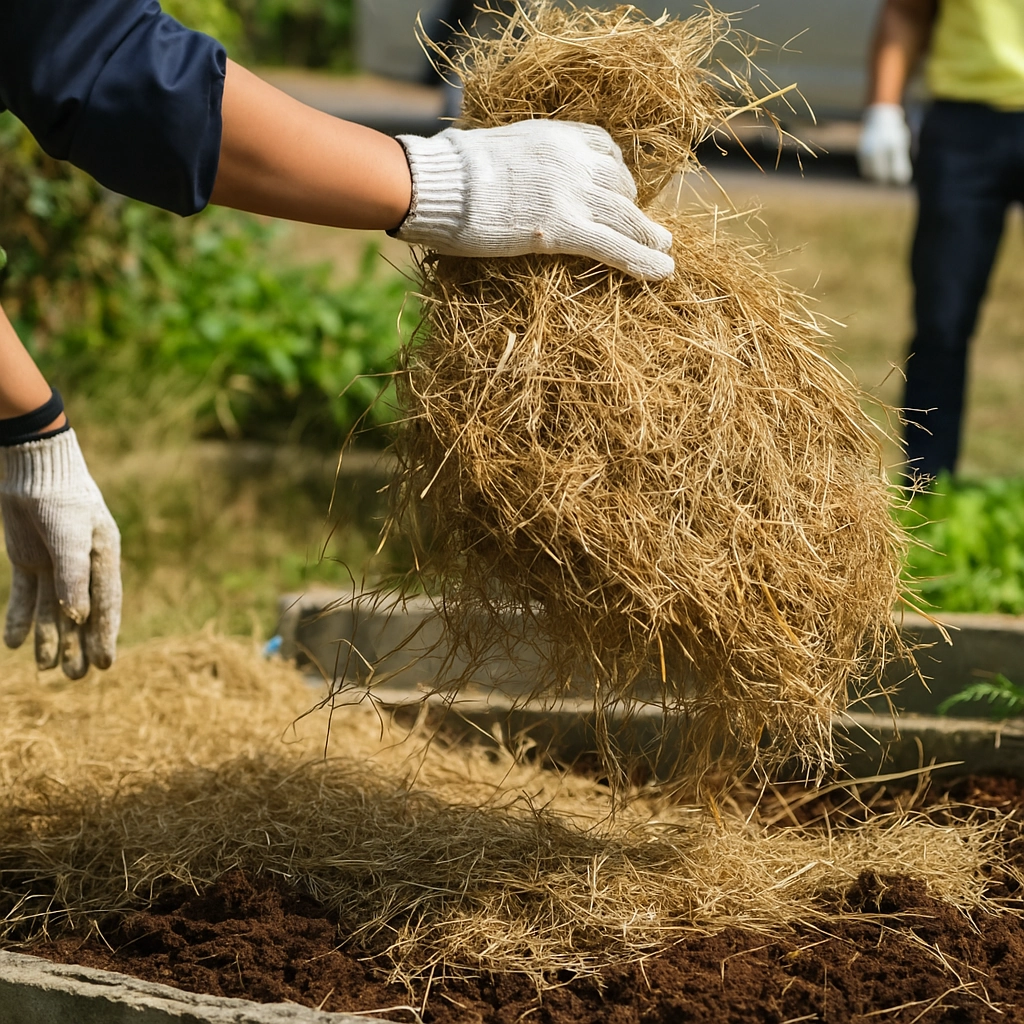 Straw mulch promoting soil health and suppressing weeds in organic gardening.