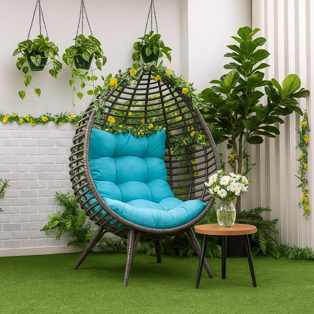 Egg chair accessorized with side table, candles, and vases for a styled corner.