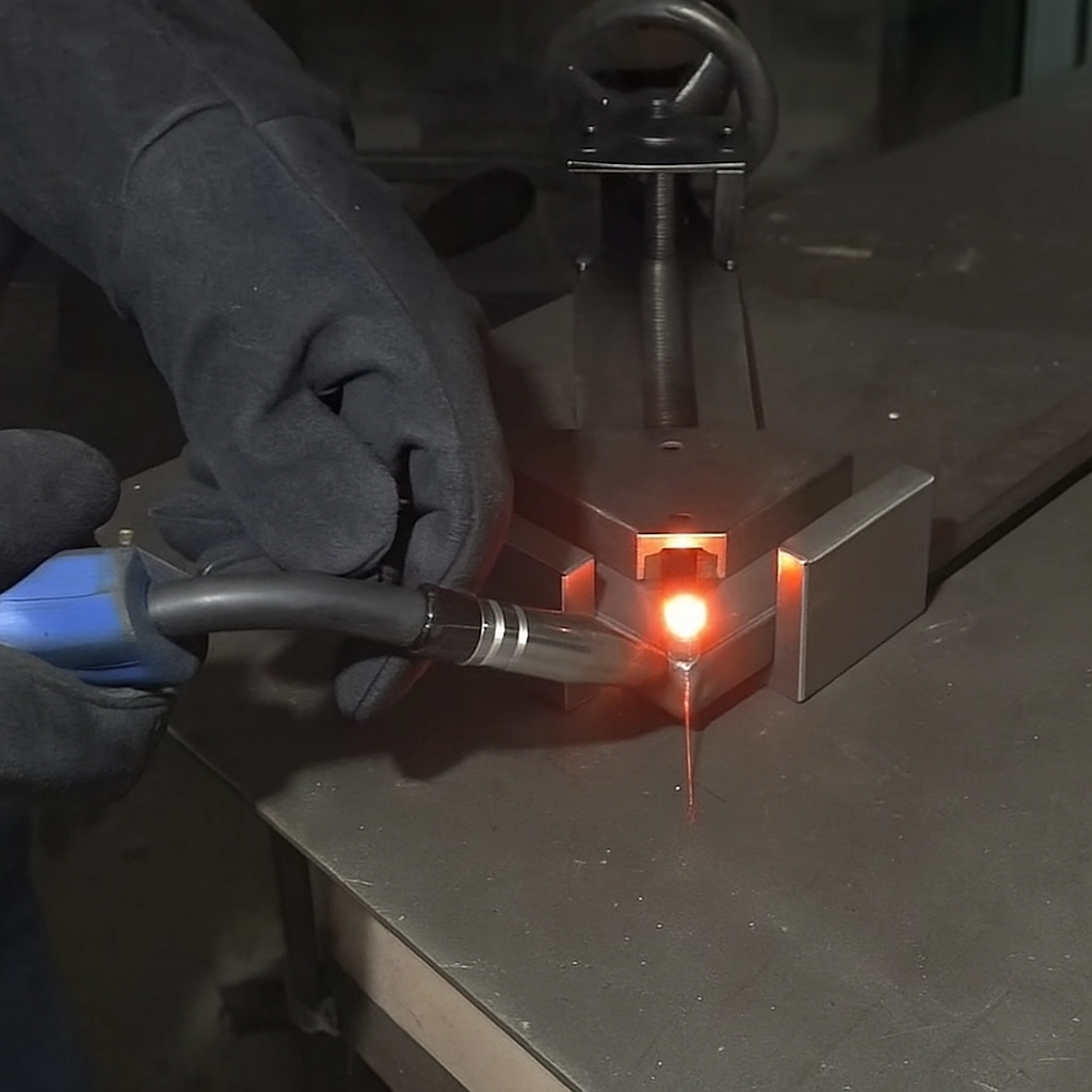 Close-up of tack welding metal parts to assemble lawn roller frame structure.