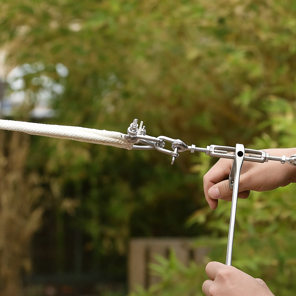 Person losing the tension of shade sail ropes with wrench.