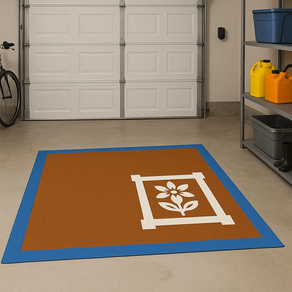 Garage floor with stenciled floral rug design and blue tape border.
