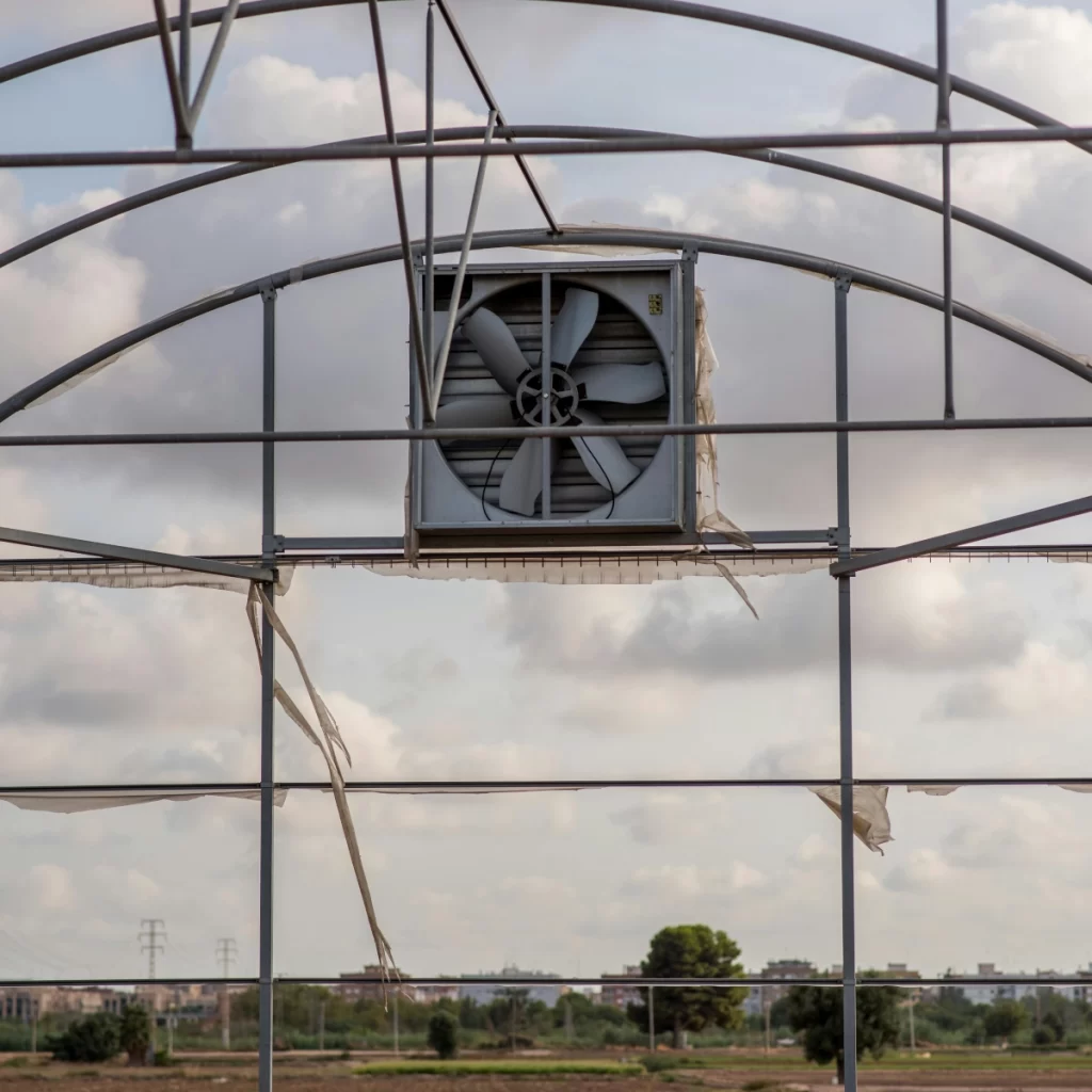 A greenhouse fan system used to maintain proper airflow and temperature for plants.