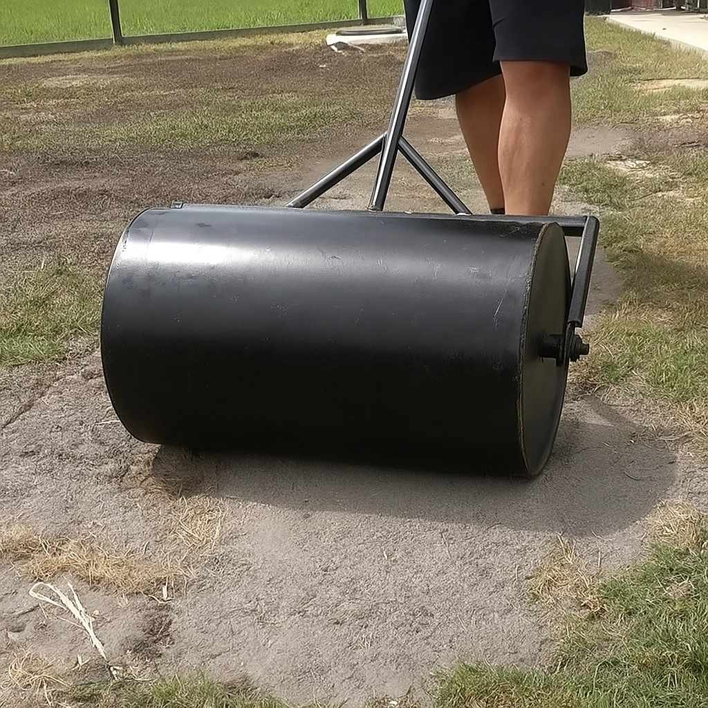Man testing homemade lawn roller on patchy ground to flatten uneven lawn.