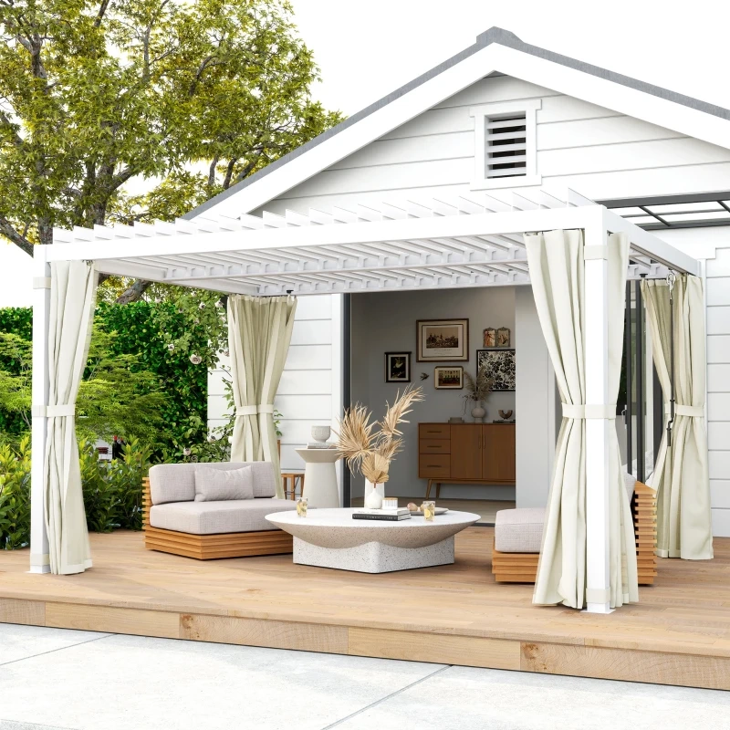 Pergola with enclosed sides providing shelter for gatherings and relaxation.
