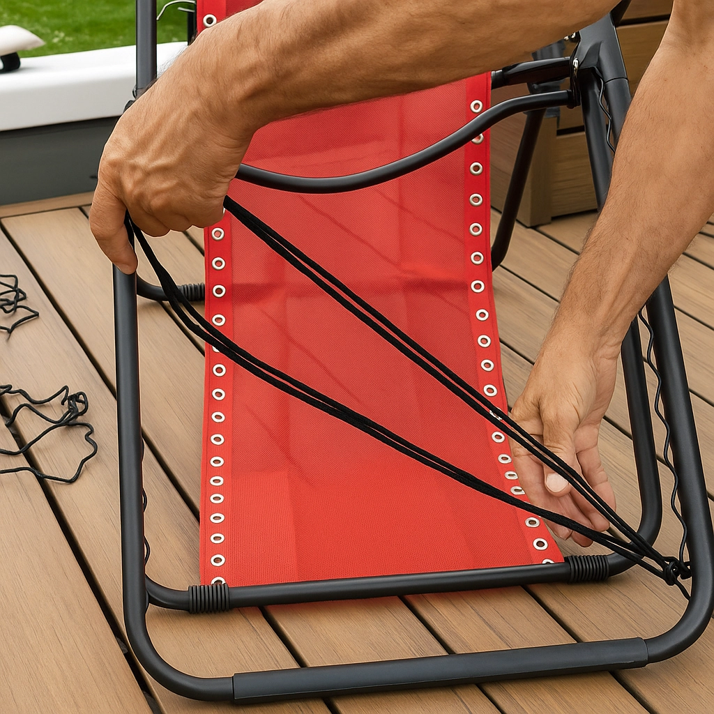 Threading new cord through chair frame to replace broken support.