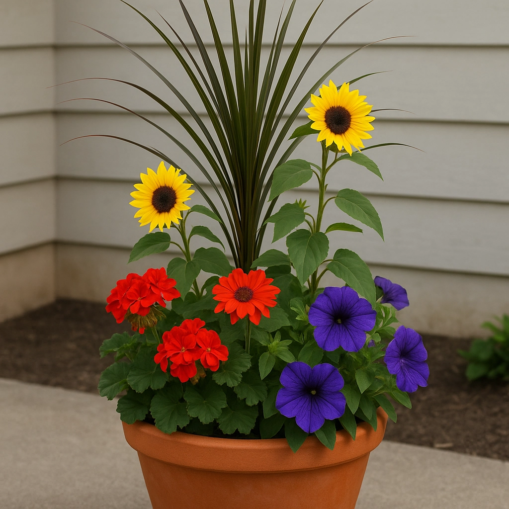 Using tall thriller plants as centerpieces in flower pots for vertical interest.