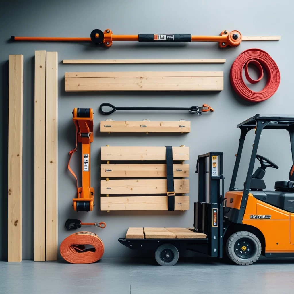 Essential shed moving tools including dollies, straps, levers, and forklift for safe transport.