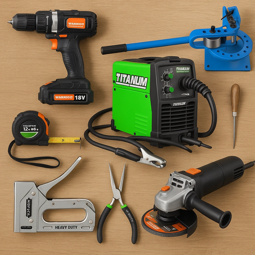 Essential tools for building a DIY metal egg chair, including grinder, welder, and pipe bender.