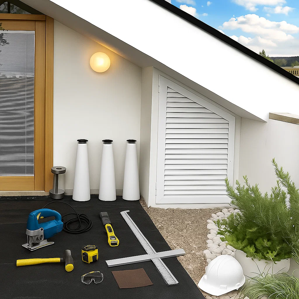 Essential tools for installing interlocking deck tiles, including mallet and level.