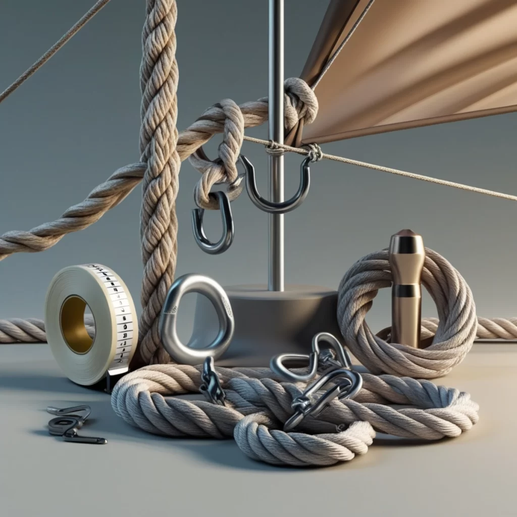 Essential shade sail installation tools including ropes, hooks, tape, and fittings.