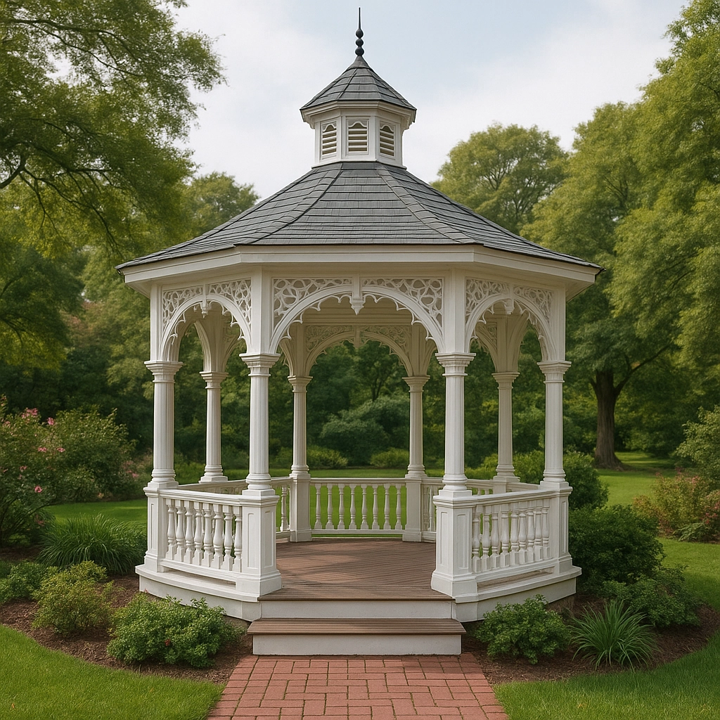Ornamental white gazebo with classic design and shelter for outdoor gatherings.