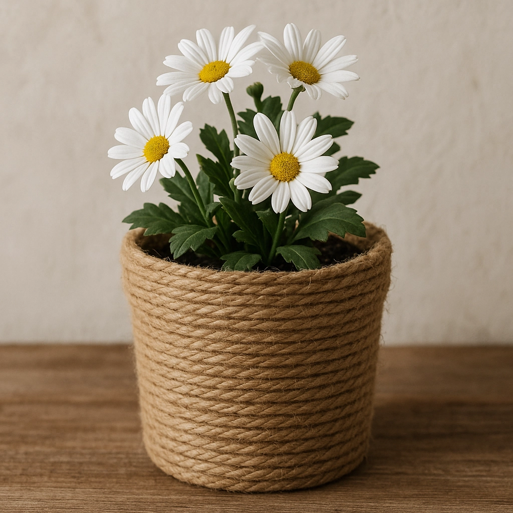Rustic flower pot wrapped in twine with white daisies for natural farmhouse-style decor.