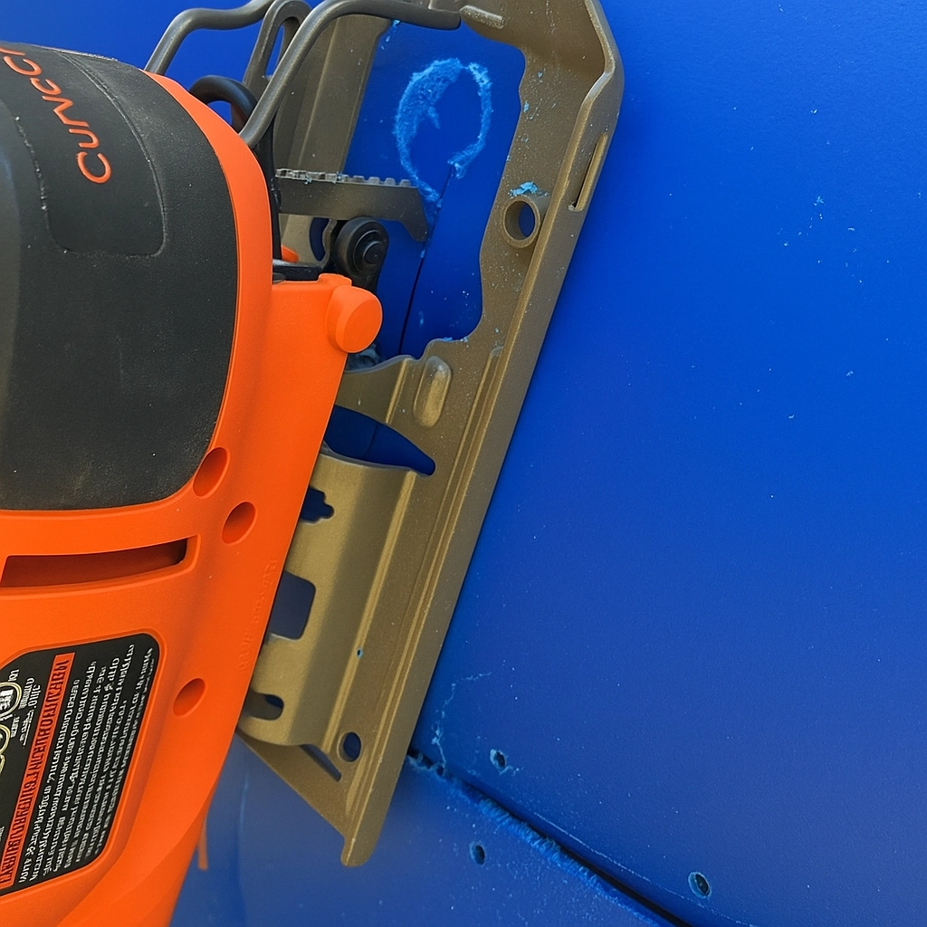 Jigsaw cutting U-shaped hatch into plastic barrel for DIY tumbling composter project.