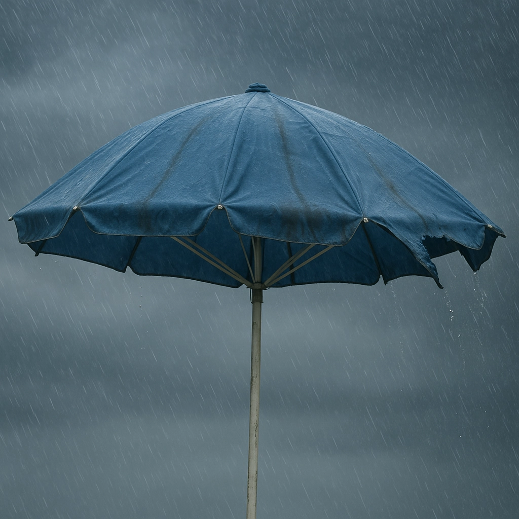 A blue beach umbrella in a storm, showing signs of wear and unable to withstand harsh weather conditions.