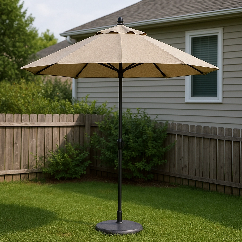 A tan outdoor umbrella on a calm, sunny day, placed on a lawn with a simple, clean design.