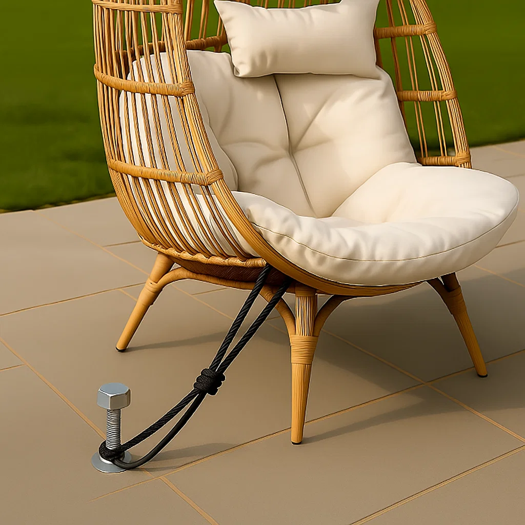 Anchoring an egg chair to the ground using heavy-duty bolts for wind resistance.