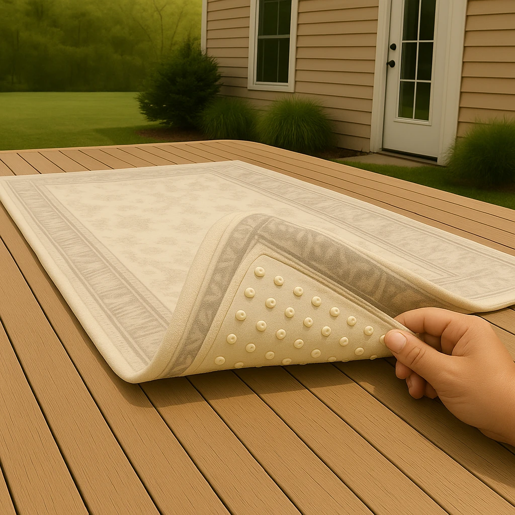Using a rug pad with grip to secure outdoor rug on a wooden deck.
