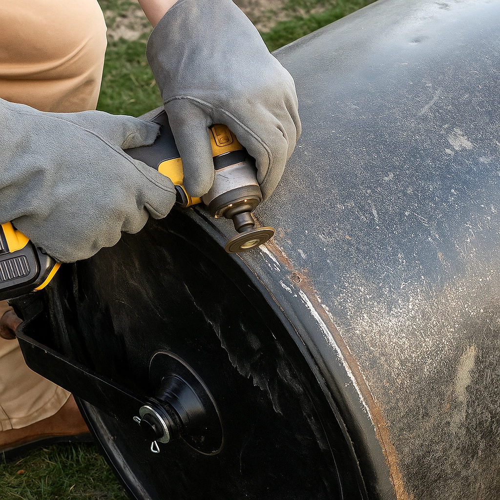 Grinding a metal surface to smooth out welding seams.