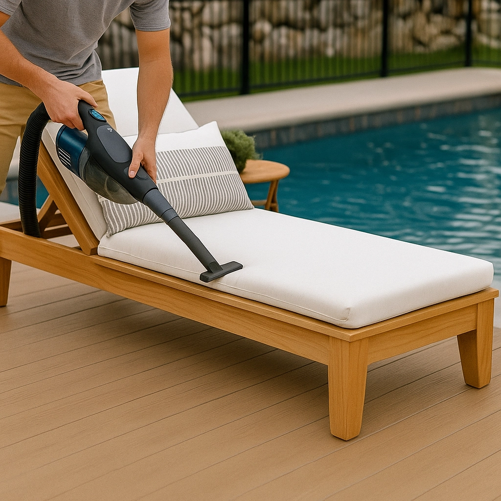 Vacuuming poolside chaise lounge cushion to remove dirt and debris efficiently.