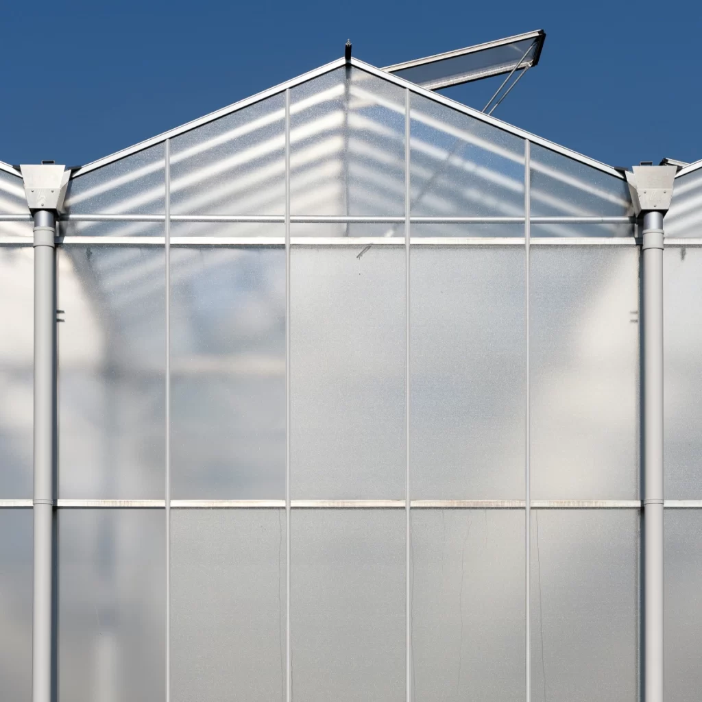 Ventilation system in a greenhouse with open roof panels for airflow.
