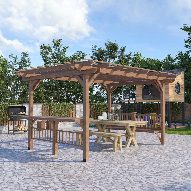 Elegant pergola with wave canopy and rattan chairs, blending with modern home architecture.