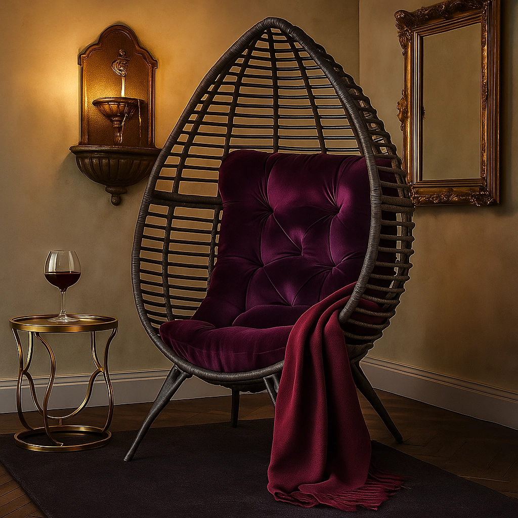 Vintage glam egg chair styled with velvet cushions and gold accents for luxury feel.