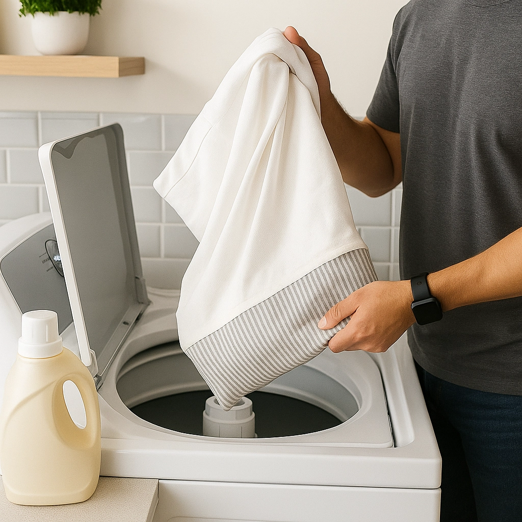 Washing removable cushion cover in washing machine with laundry detergent for deep cleaning.