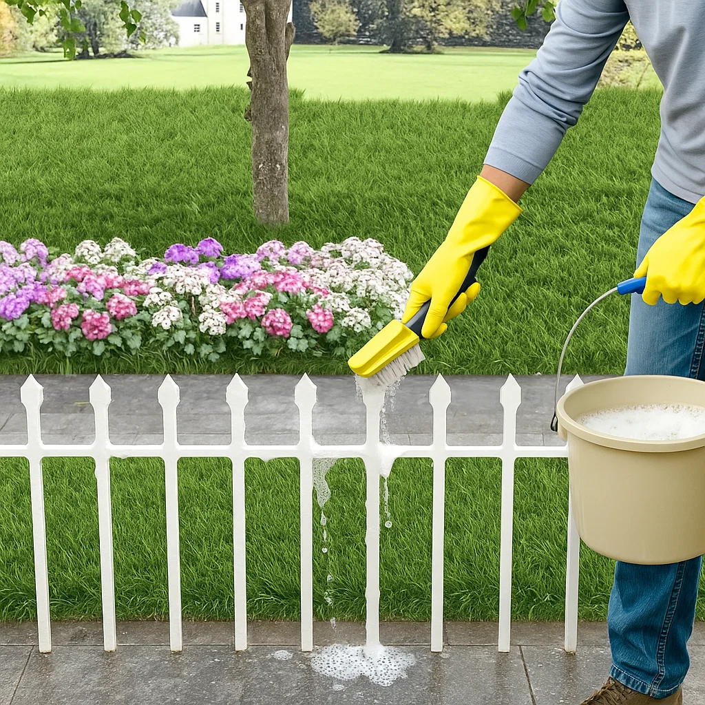 Person washing white metal fence using scrub brush and soapy water beside flowerbed and patio.