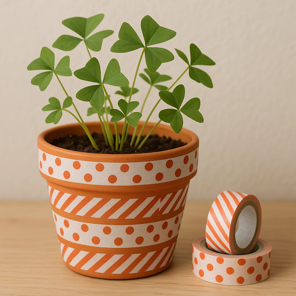 Decorative plant pot wrapped in orange washi tape stripes and polka dots for DIY flair.