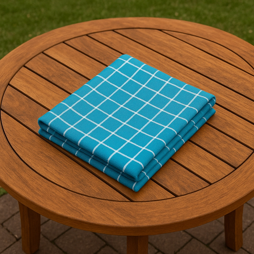 Blue outdoor fabric folded on patio table, designed to resist sun.