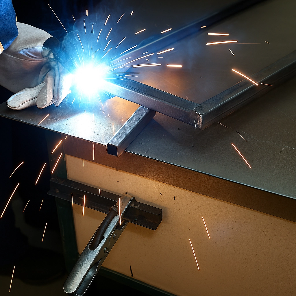 Sparks flying as handle frame is welded for sturdy DIY lawn roller support.