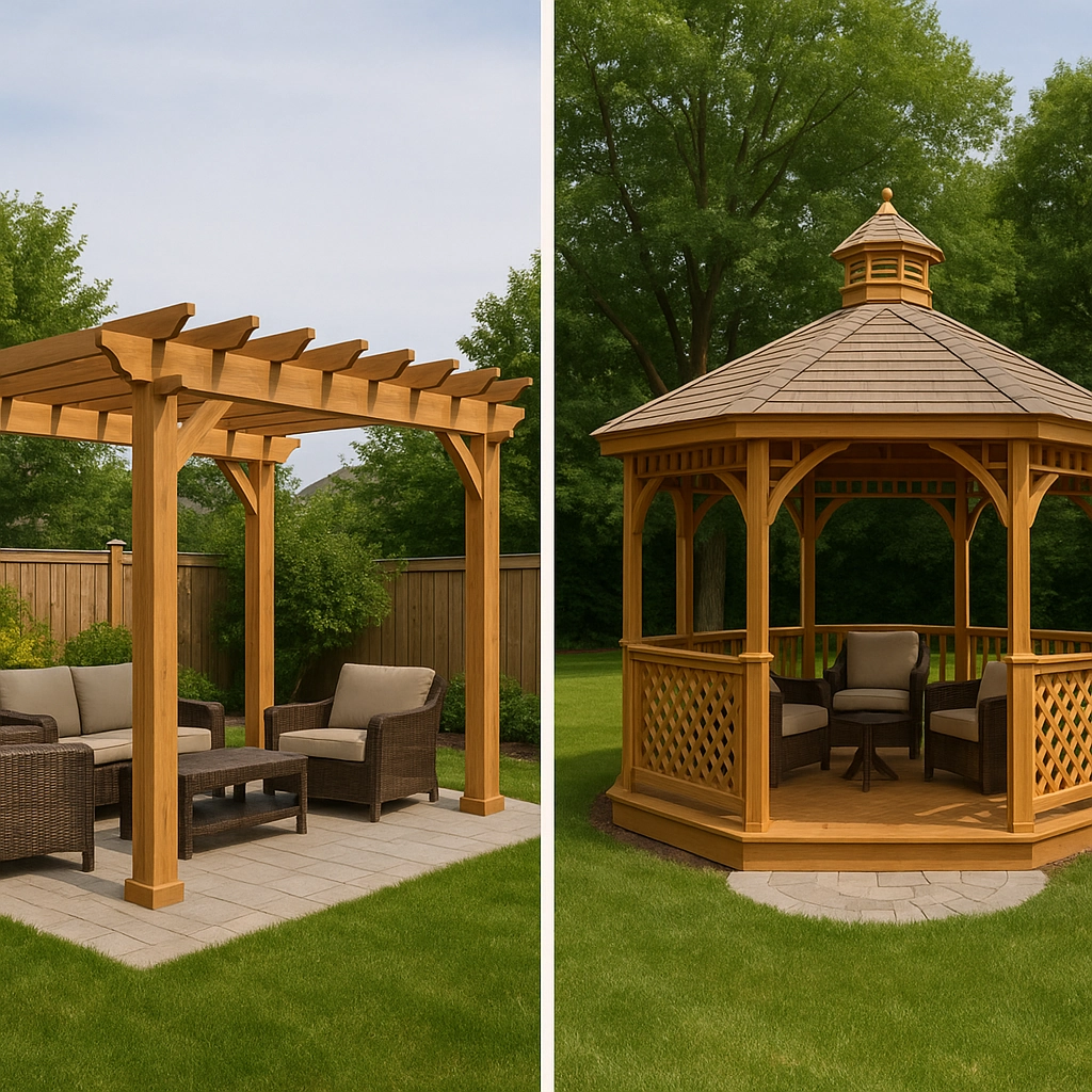 Side-by-side comparison of pergola and gazebo, showing design and structural differences.