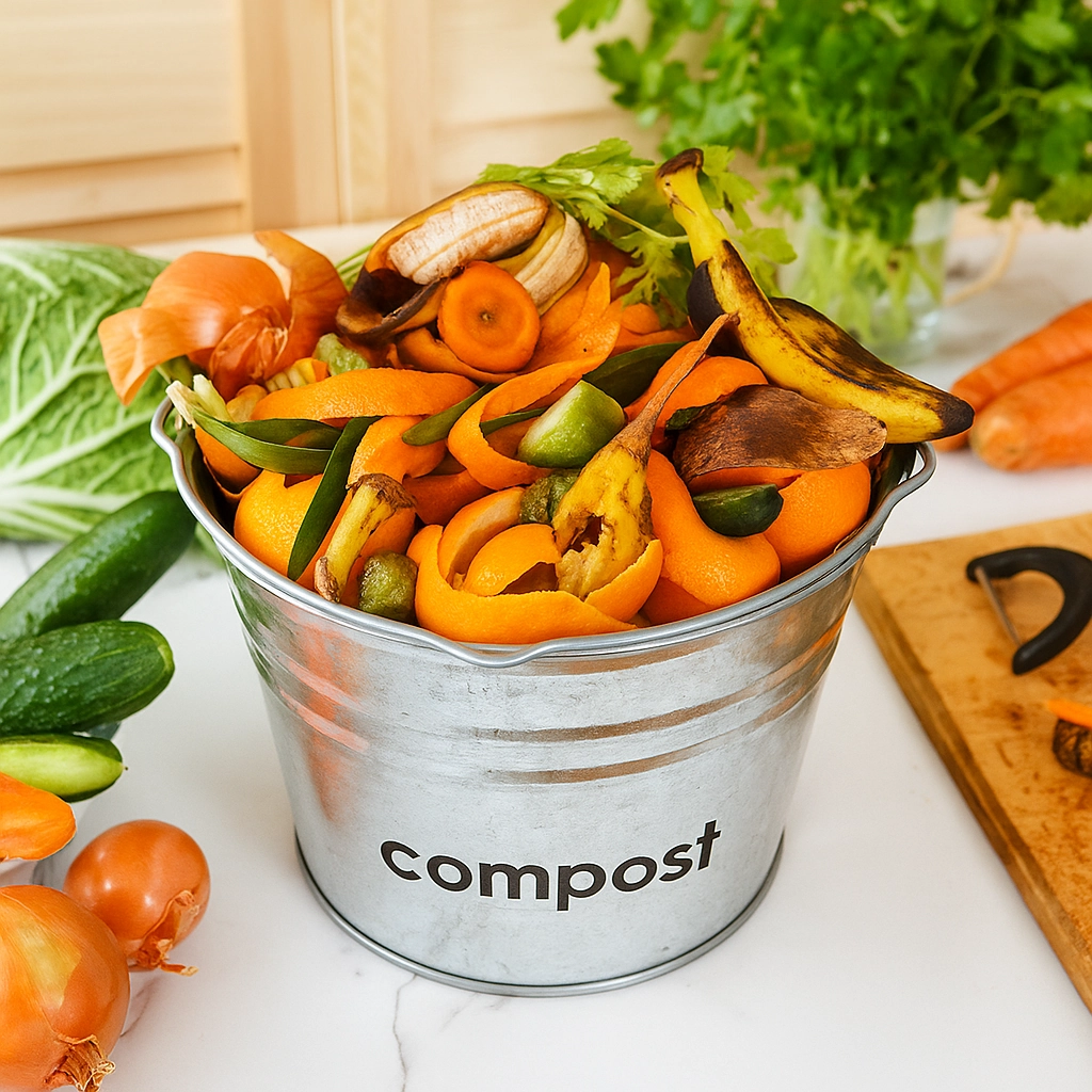 A guide to compostable items including fruits, vegetables, leaves, and garden clippings.