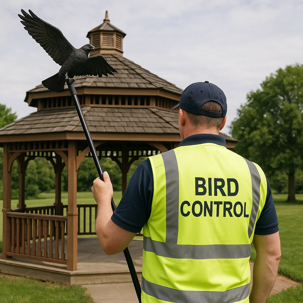 Bird control professional using a decoy to manage birds in a gazebo. 