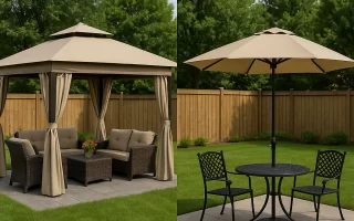Side-by-side comparison of a gazebo and a patio umbrella setup in a backyard with green grass and wooden fencing. The gazebo has cushioned seating, while the umbrella shades a small dining table with two chairs.