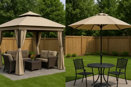 Side-by-side comparison of a gazebo and a patio umbrella setup in a backyard with green grass and wooden fencing. The gazebo has cushioned seating, while the umbrella shades a small dining table with two chairs.