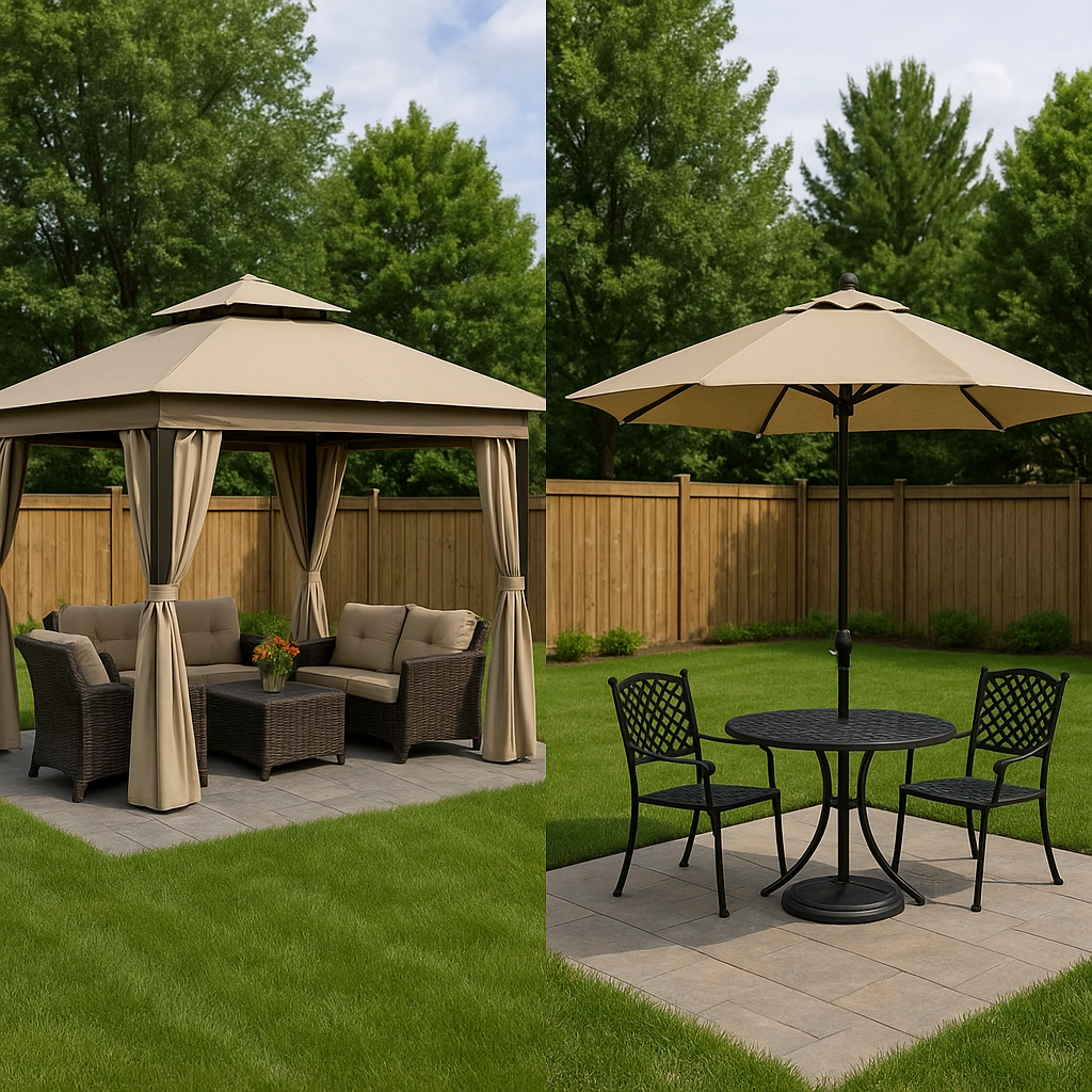 Comparison of a gazebo and a patio umbrella setup in a backyard with green grass and wooden fencing. The gazebo has cushioned seating, while the umbrella shades a small dining table with two chairs.