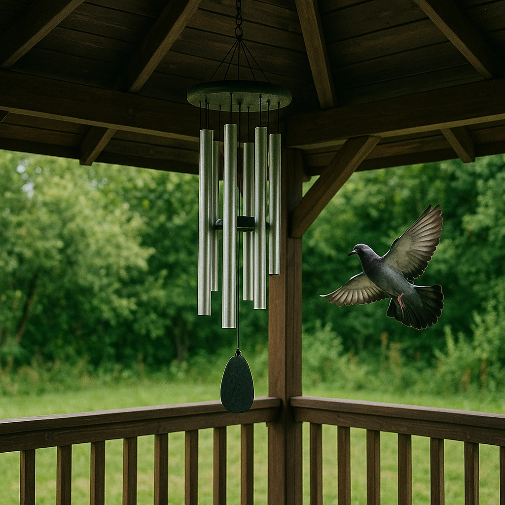 Wind chimes hanging in gazebo, potentially deterring birds with sound. 