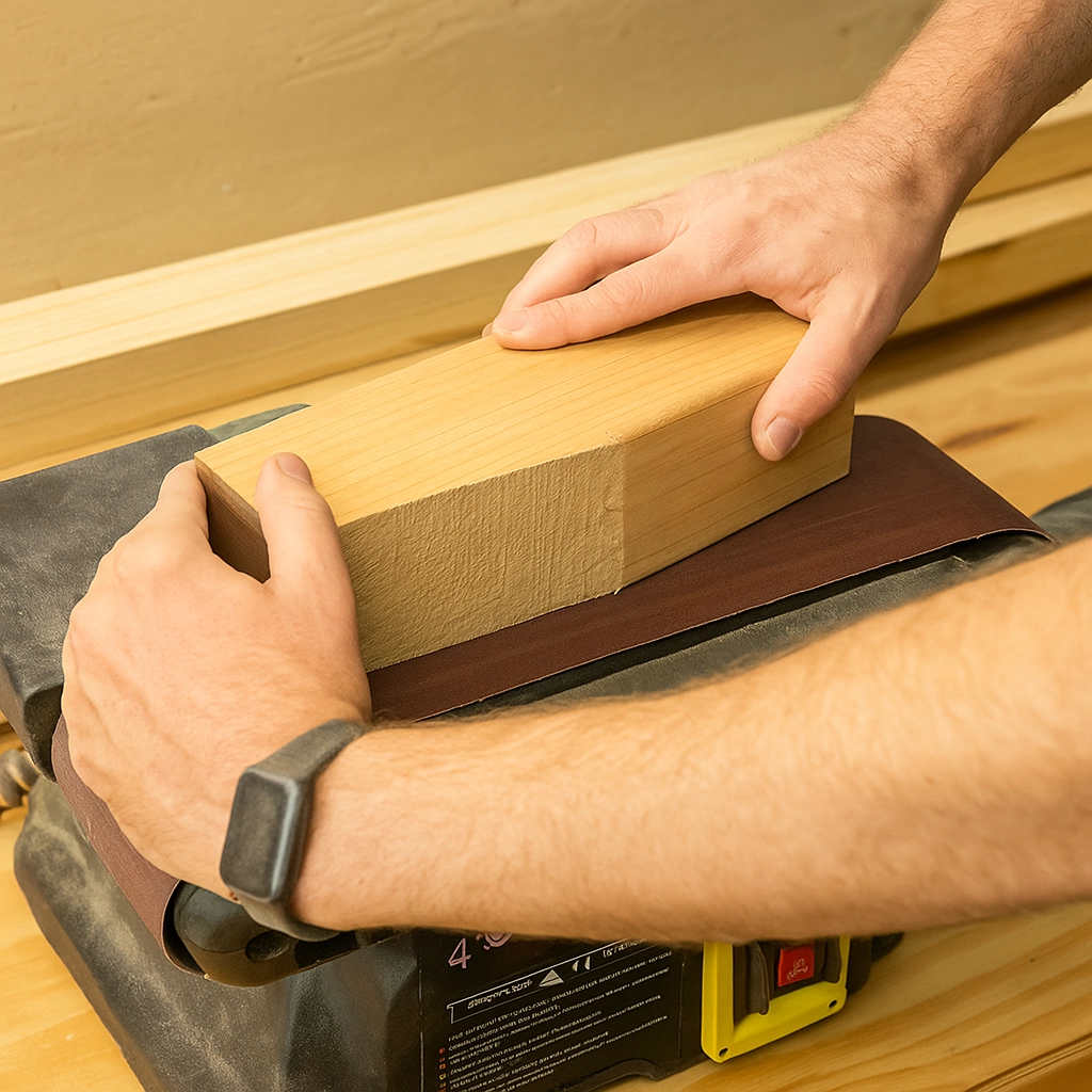 Sanding wooden pieces for a smooth finish on a chaise lounge chair.