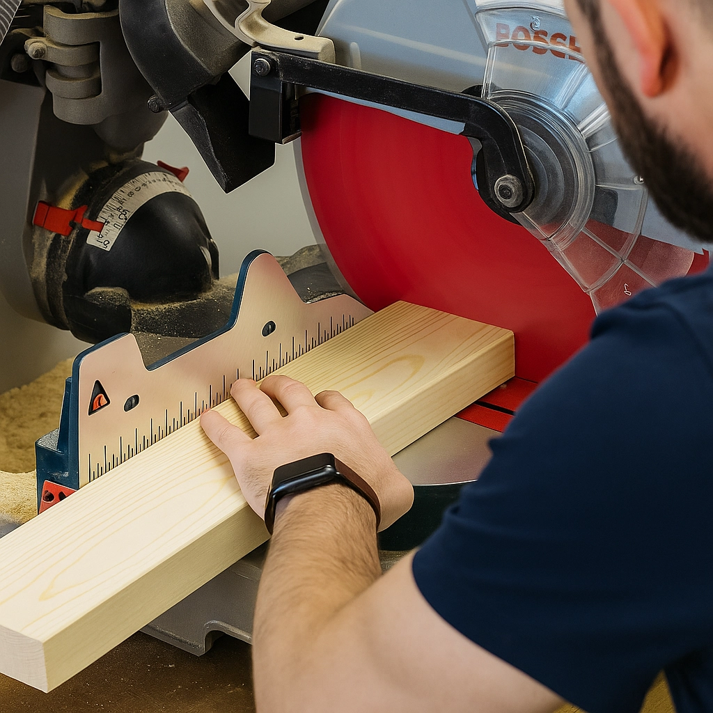 Cutting wood precisely with a miter saw for a chaise lounge chair.