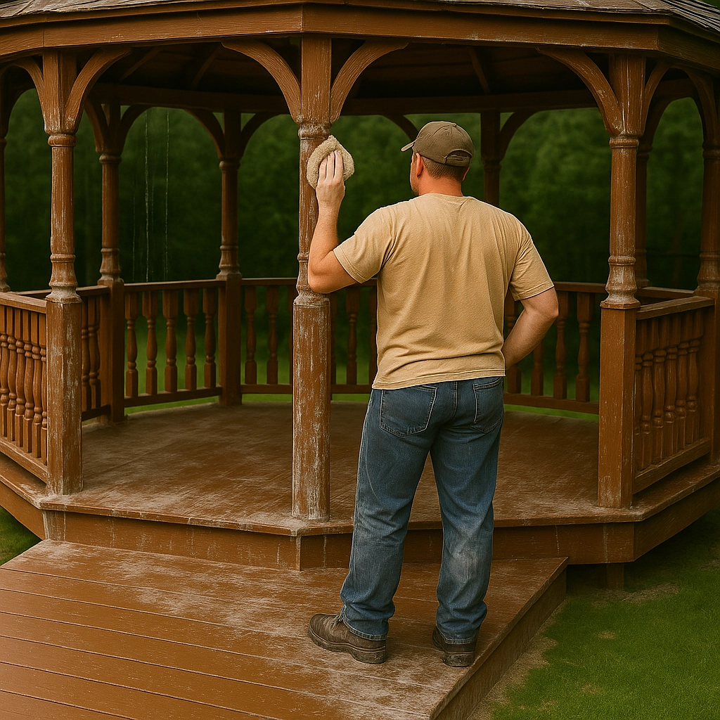 Cleaning a gazebo with a cloth on a dusty wooden surface outdoors.