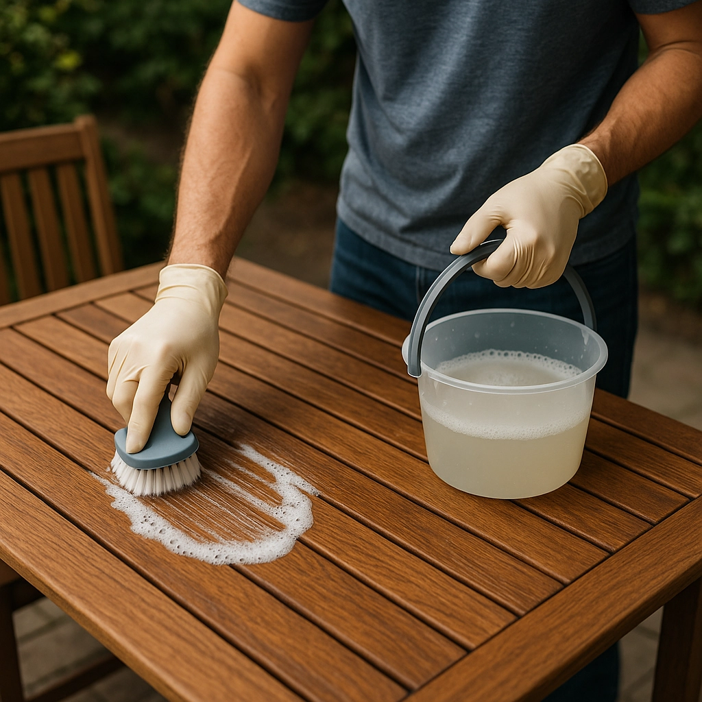 Cleaning a wooden outdoor table with a scrub brush and soapy water solution.