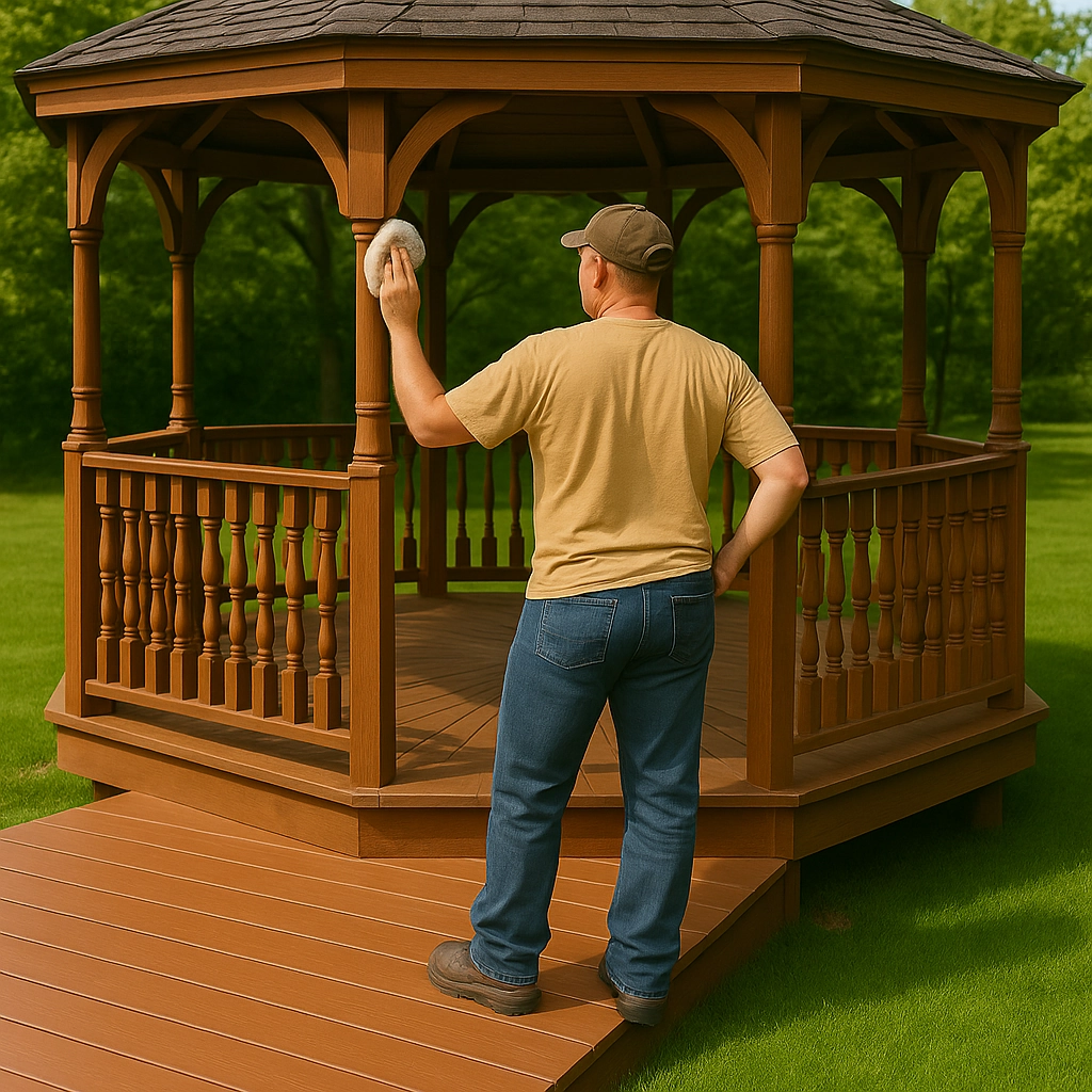 Man cleaning a gazebo using a cloth on a wooden deck outdoors.