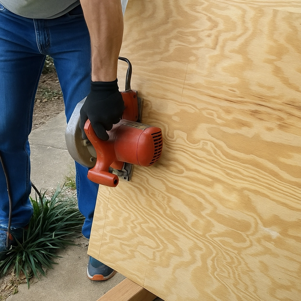 Creating cabinet walls using plywood and a drill during outdoor cabinet building process