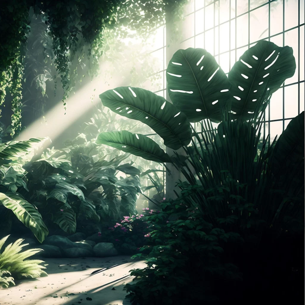 Healthy plants in a greenhouse with lush green leaves.