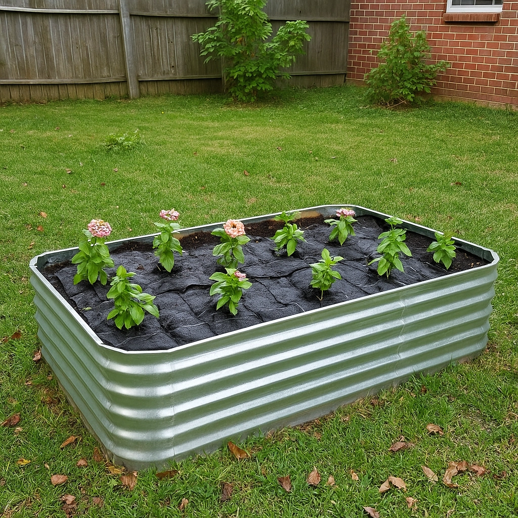 Plastic cover placed on soil to prevent weed growth in a garden bed.