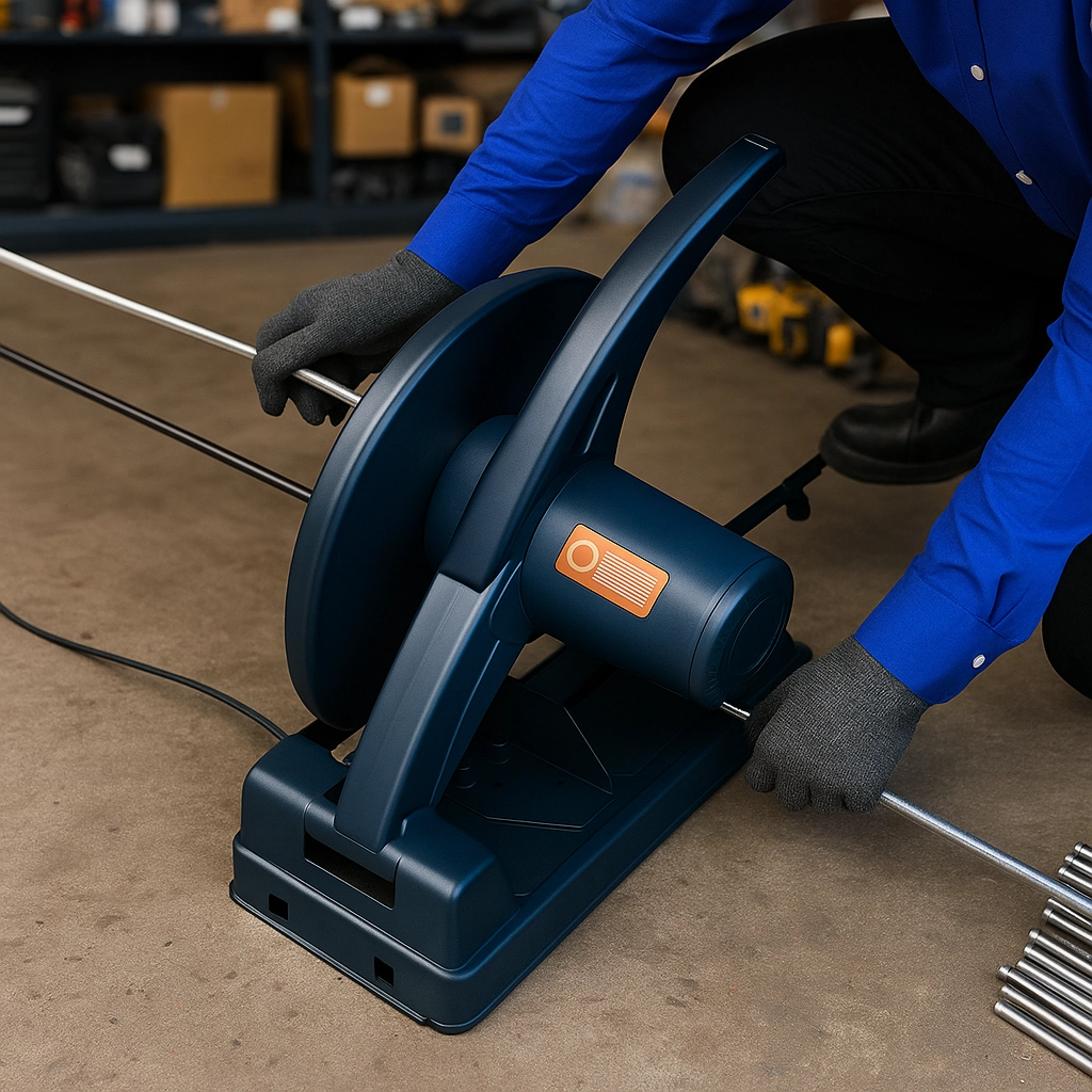 Worker using machine to cut powder-coated iron tubing for grill frame construction.