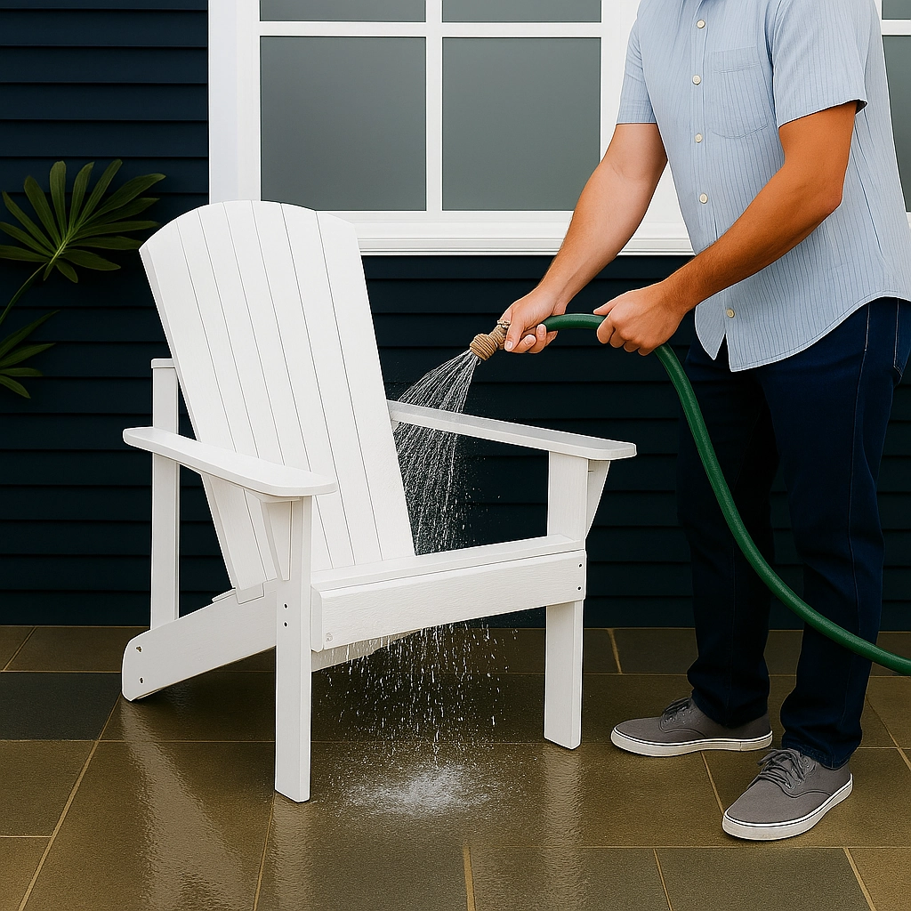 Man rinsing white Polywood Adirondack chair with garden hose on patio near dark siding.