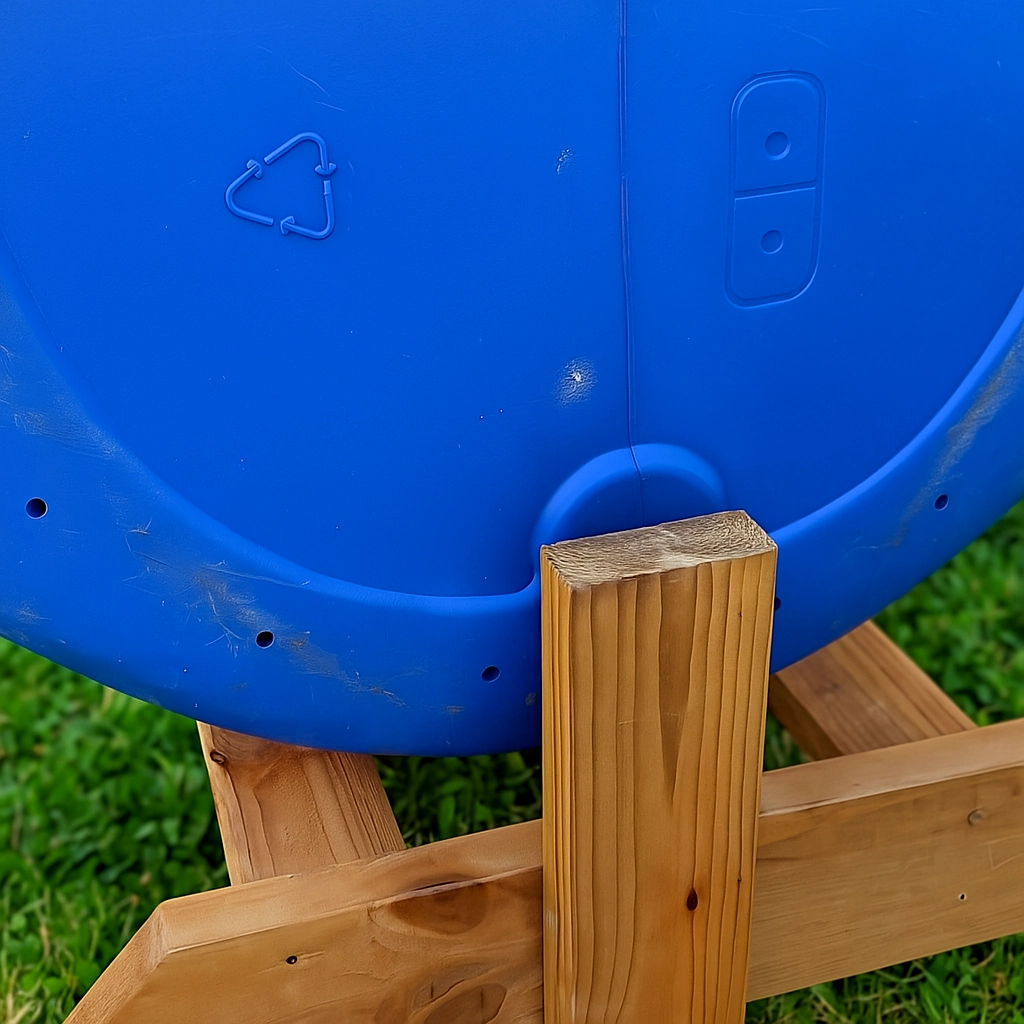 Drilling ventilation holes on drum sides to allow airflow in composting barrel.